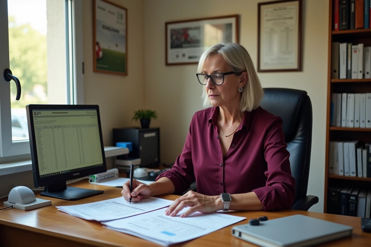 Administratrice du comité Drôme Ardèche Football travaillant sur les calendriers de matchs dans son bureau