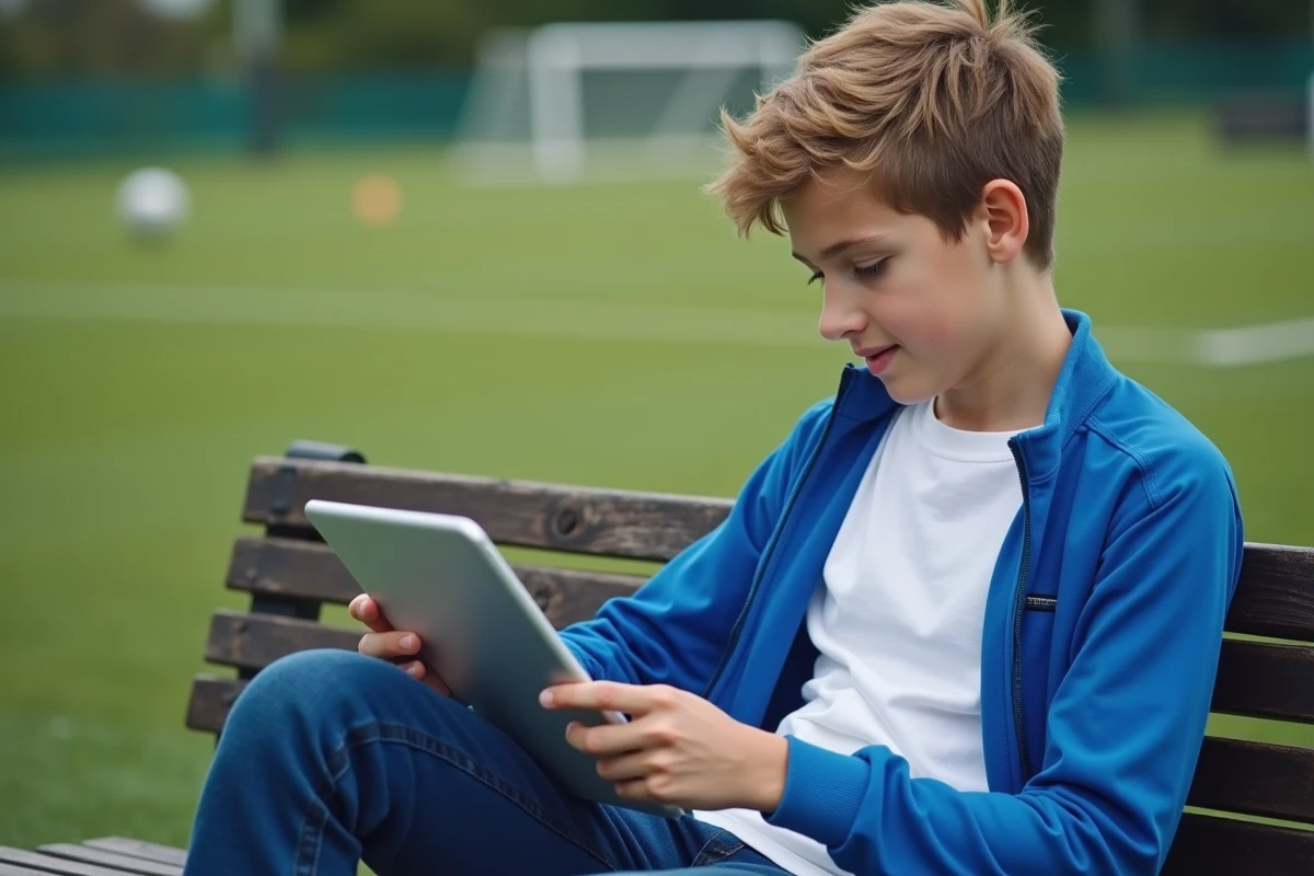 Adolescent concentré utilisant une tablette sur le terrain de football