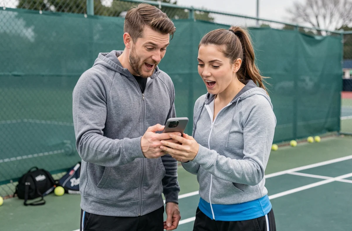 Deux amis découvrant un code cadeau tennis sur smartphone en bord de court en dur, ambiance sportive et enthousiaste