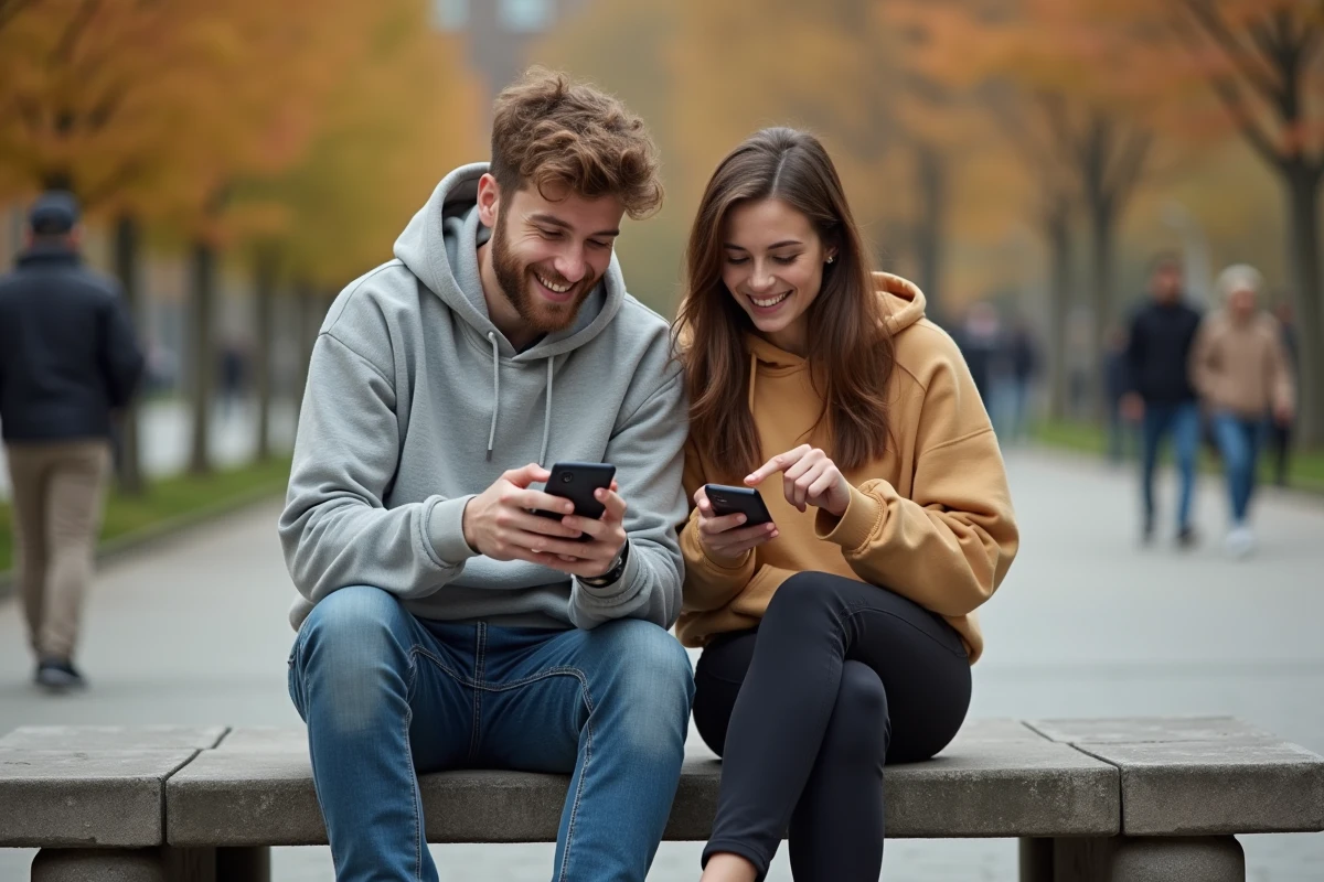 Deux amis lisant un manga en scantrad sur smartphone assis sur un banc dans un parc urbain en automne