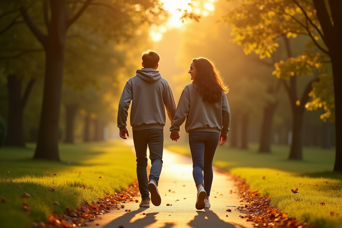 Deux amis marchant dans un parc en automne au coucher du soleil