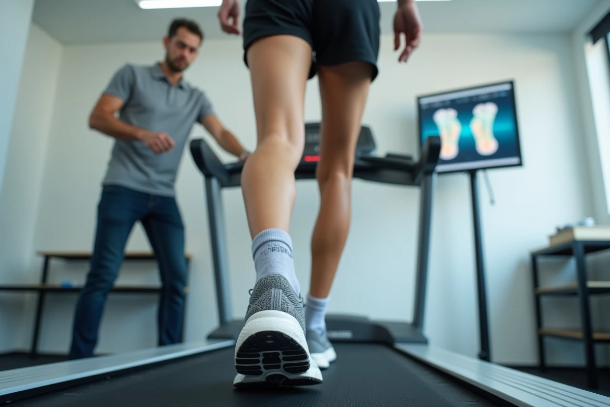 Analyse de la pronation du pied d'une femme en cours de marche sur tapis roulant dans une clinique sportive, vue du pied et de la chaussure de running