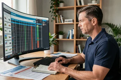 Homme analysant les statistiques de courses de trot sur la plateforme Infonet 5 sur un écran d'ordinateur