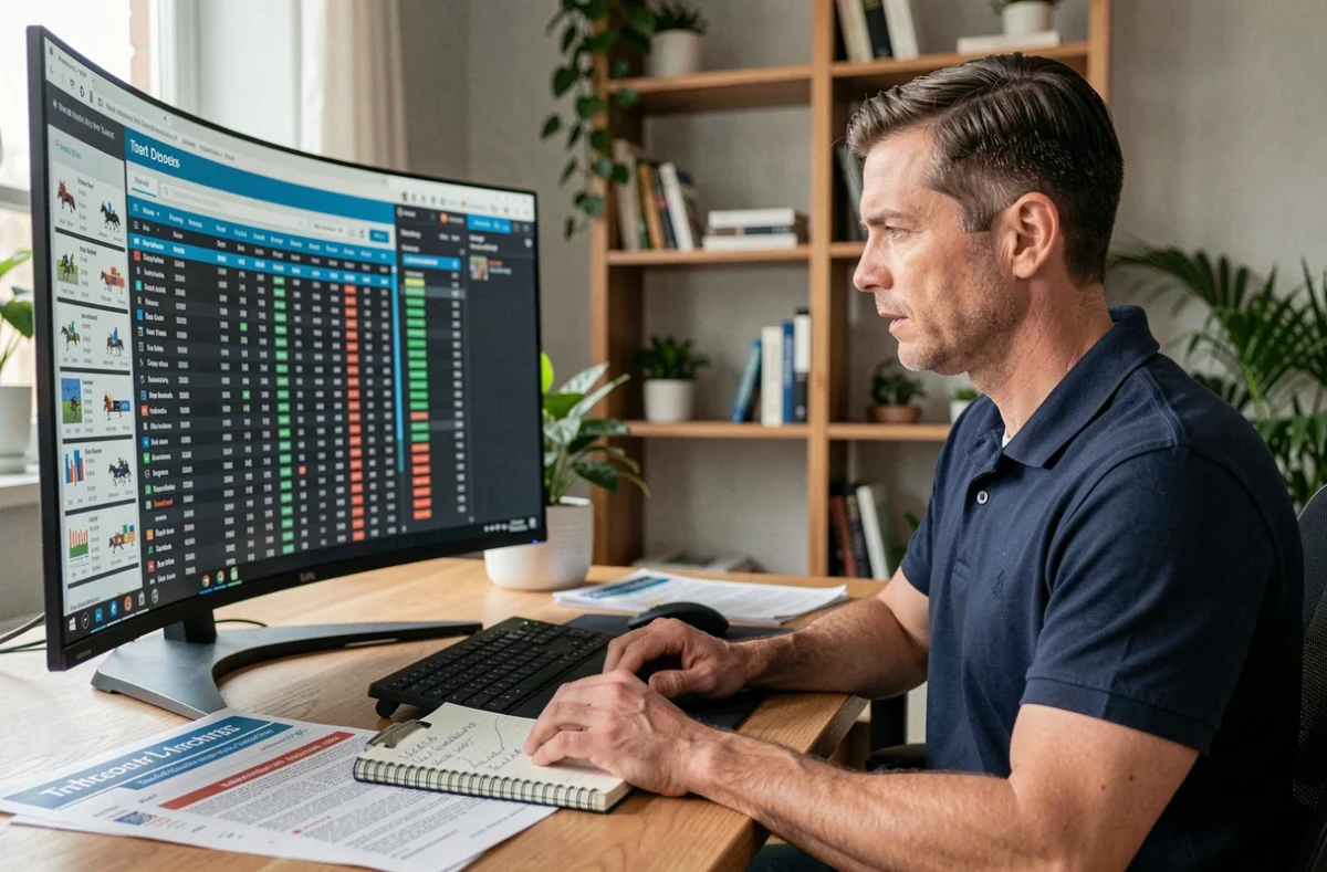 Homme analysant les statistiques de courses de trot sur la plateforme Infonet 5 sur un écran d'ordinateur