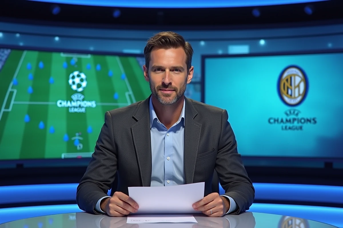 Journaliste sportif analysant la tactique de l'Inter Milan en Ligue des Champions dans un studio de télévision professionnel