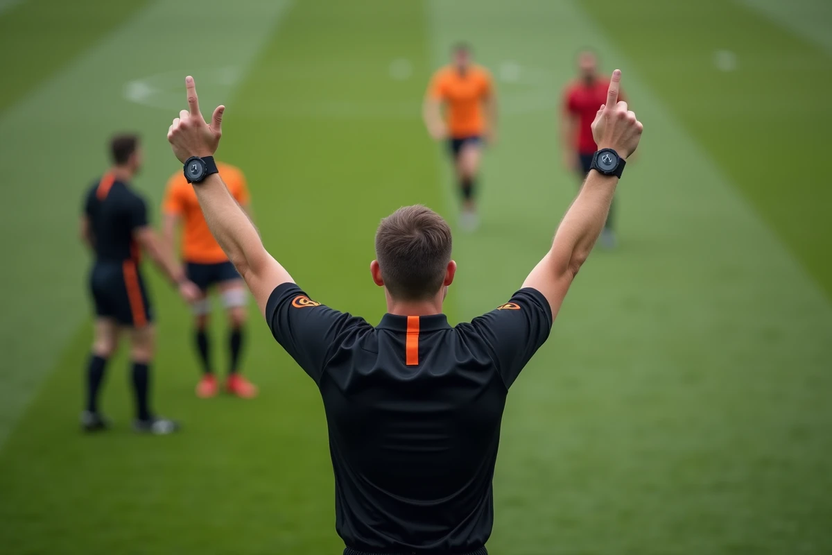 Arbitre officiel signalant une décision lors d'un match de la Coupe du monde de rugby U20 2026
