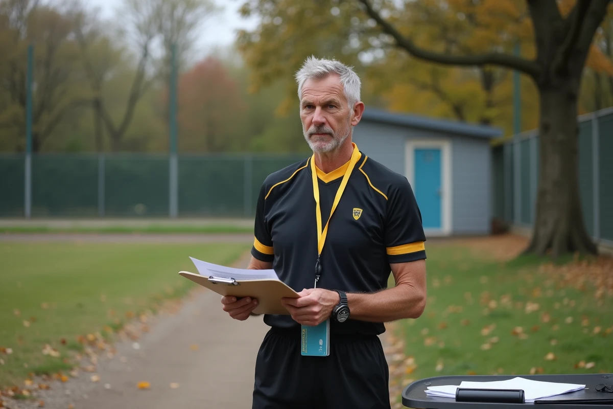 Arbitre officiel du district de football de l'Essonne consultant des documents en bord de terrain