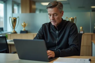 Arbitre sportif concentré au bureau avec ordinateur