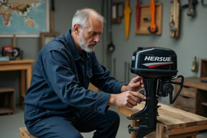 Homme en combinaison travaillant sur un moteur de bateau en atelier