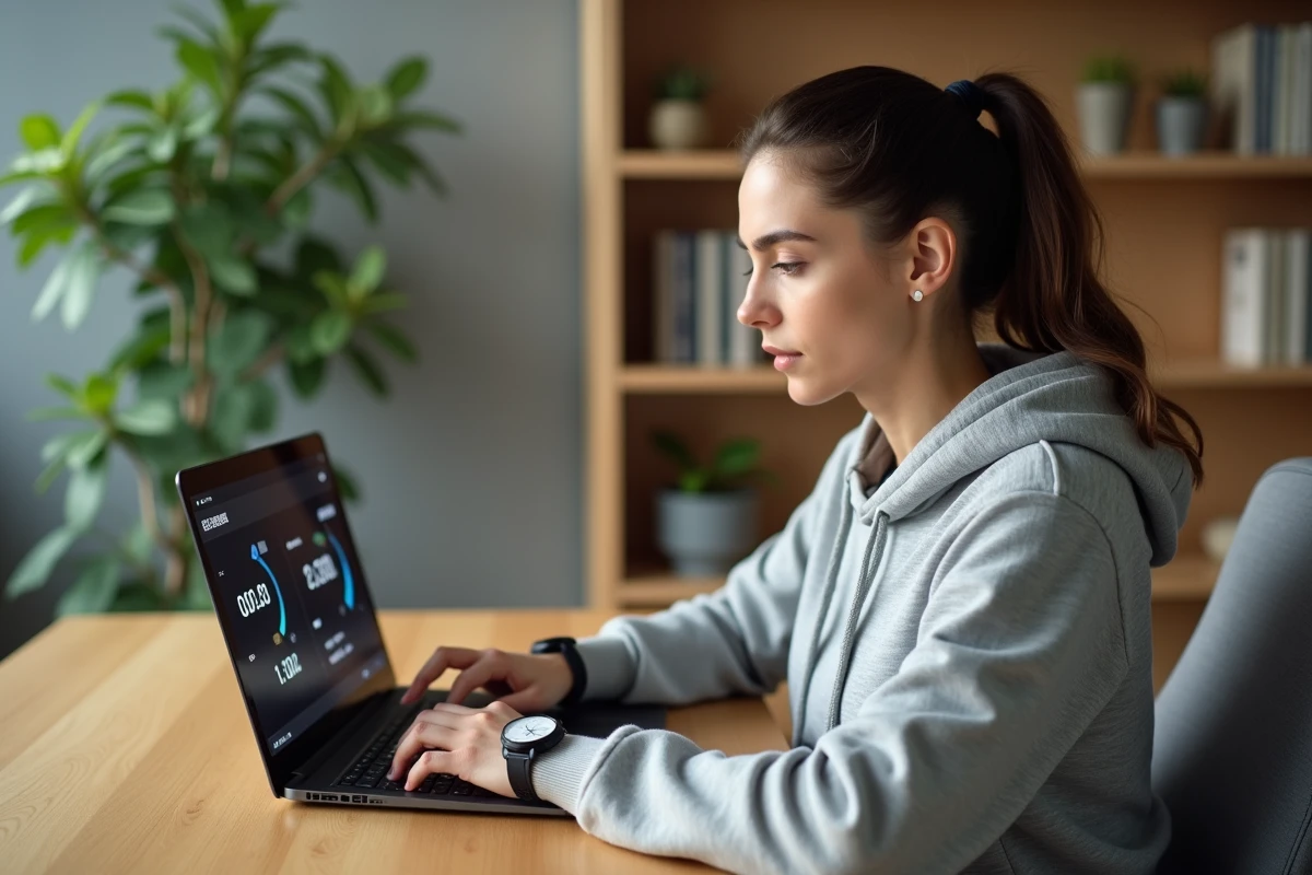 Femme athlète consultant un outil de calcul de vitesse de course sur ordinateur portable dans un bureau à domicile