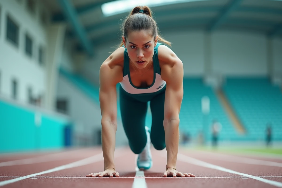 Athlète féminine en position de départ sur une piste d'athlétisme intérieure