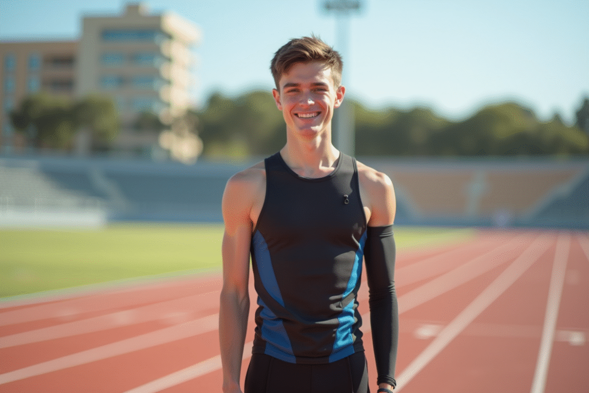 Jeune athlète paralympique souriant sur la piste d'athlétisme