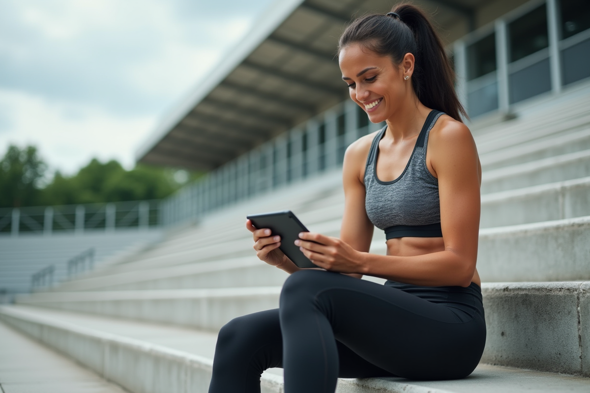 Athlète féminine consultant ses plans repas au stade