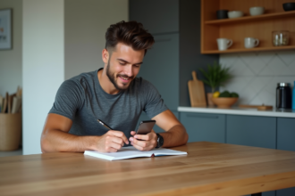 Jeune athlète vérifiant une application santé à la cuisine