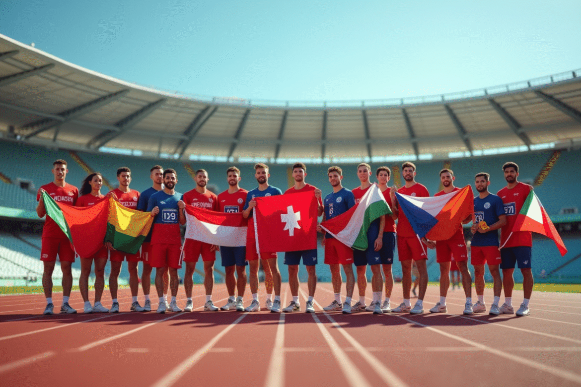 Groupe d'athletes avec drapeaux sur piste en stade