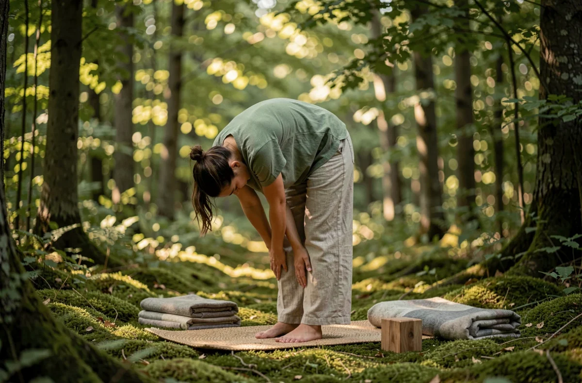 Femme en posture de flexion avant debout au milieu d'une forêt près d'Herbignac, pratique de yoga en pleine nature d'Aurane Lucas