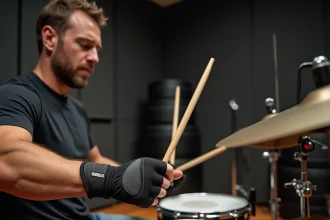 Batteur portant des gants de protection rembourrés jouant sur une batterie acoustique dans un studio de répétition professionnel