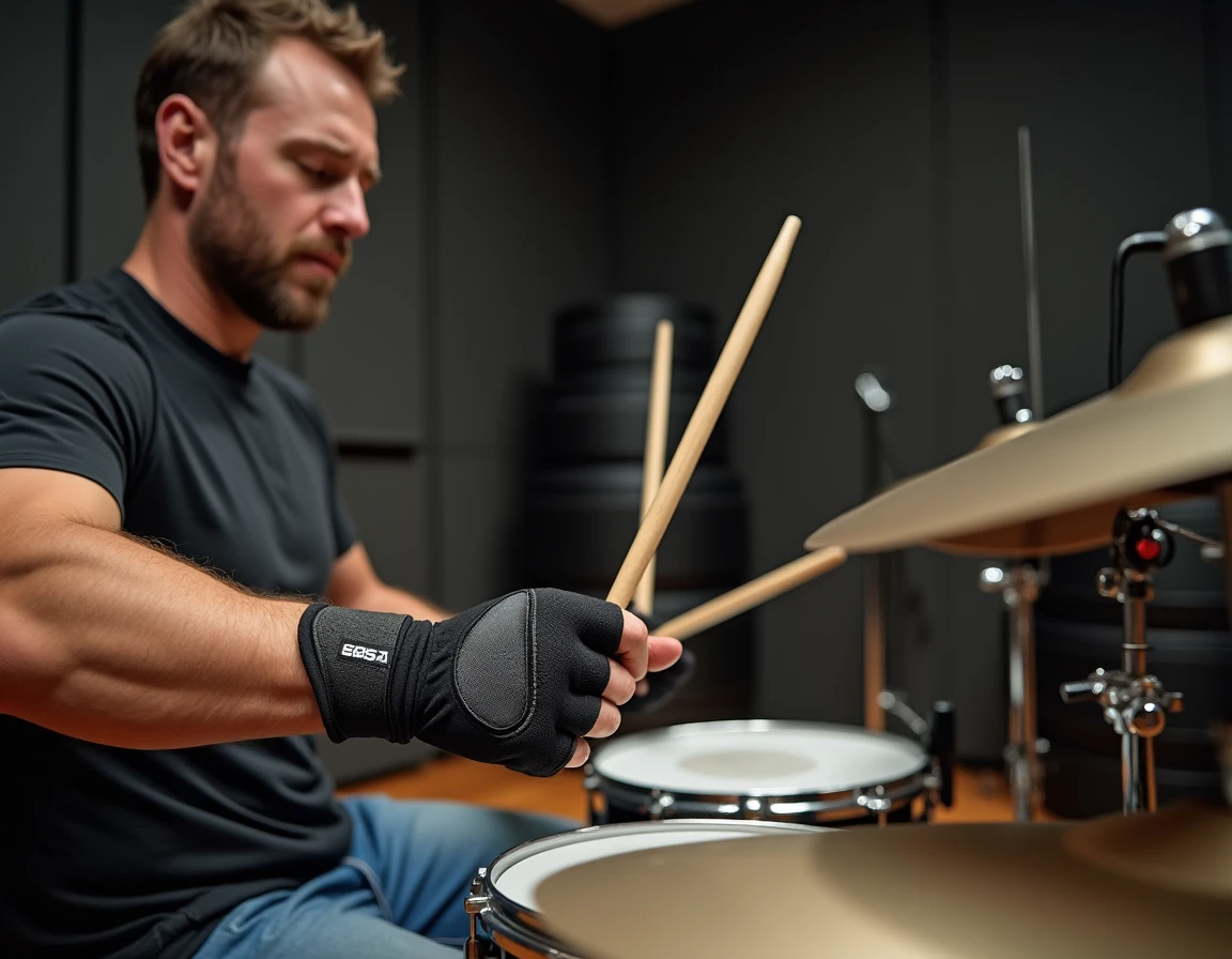 Batteur portant des gants de protection rembourrés jouant sur une batterie acoustique dans un studio de répétition professionnel