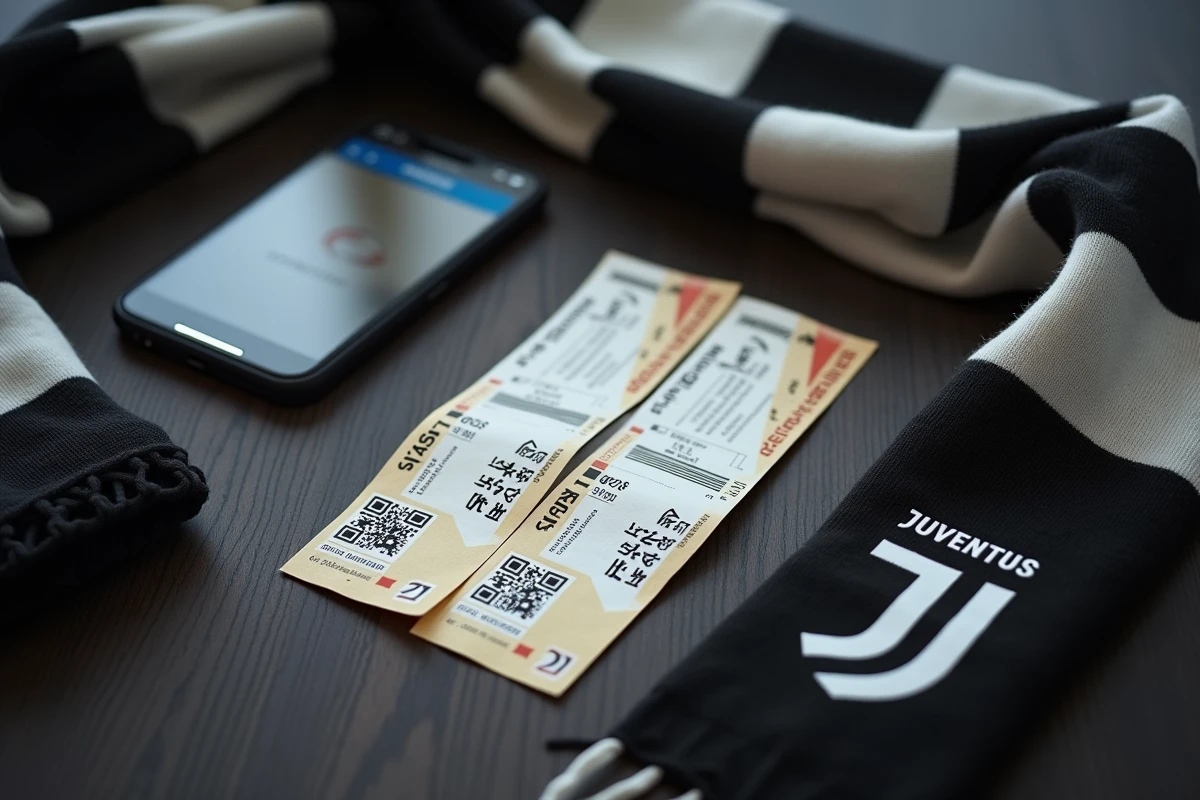 Billets de match Juventus FC 2026 posés sur une table avec une écharpe et un smartphone affichant le calendrier