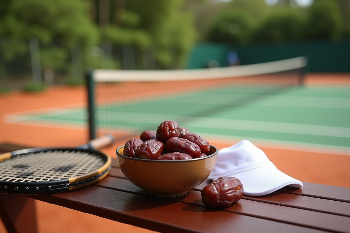 Bol de dattes avec raquette et bandeau près du court de tennis