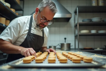 Boulanger en atelier examinant des macarons sur un rack