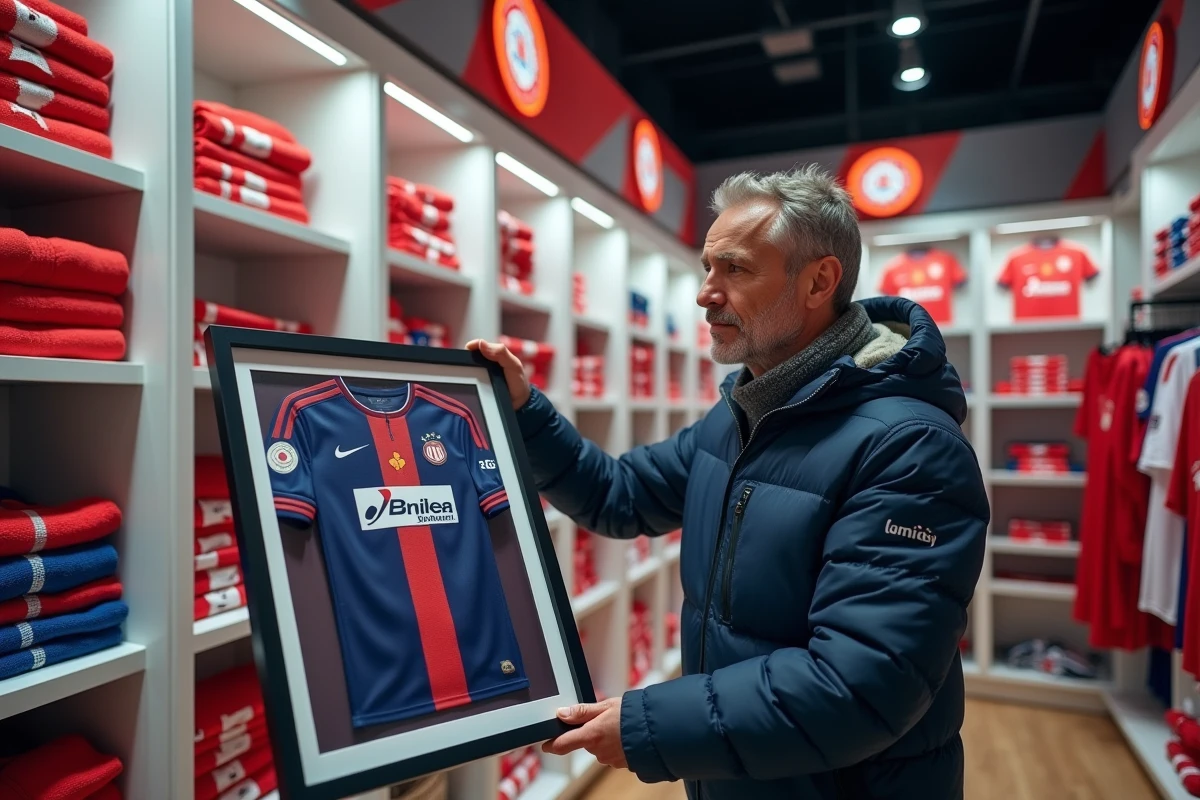 Fan de l'Olympique Lyonnais tenant un maillot OL encadré dans la boutique officielle du club, entouré de produits dérivés en rouge et blanc