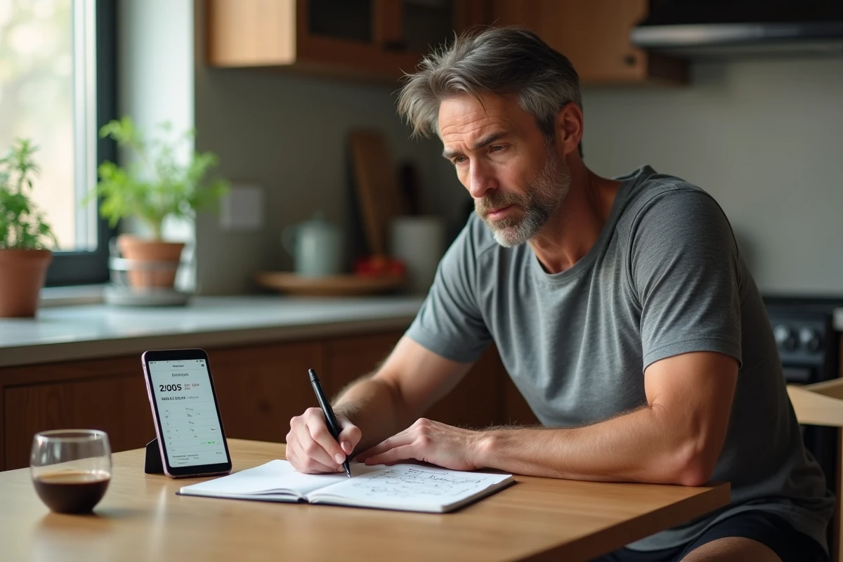 Coureur amateur calculant son allure en min/km sur smartphone avec un carnet de notes à la maison