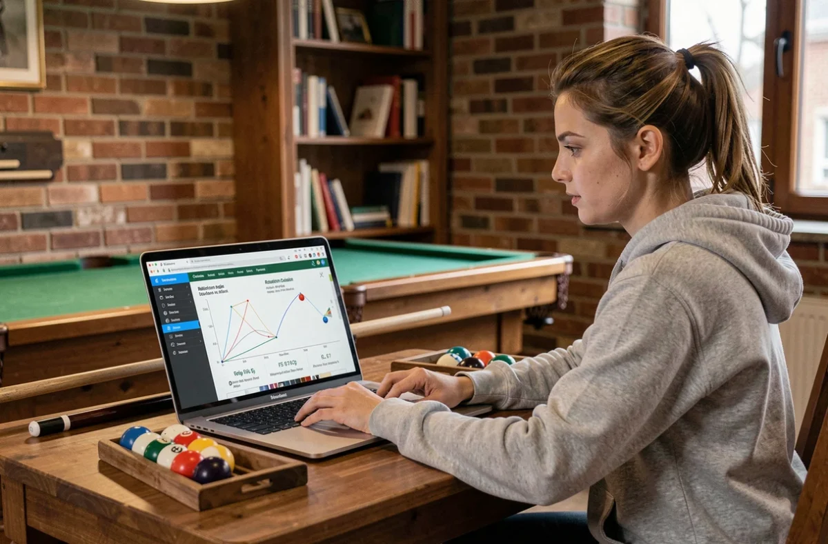 Joueuse de billard consultant une calculette de rotation en degrés sur un ordinateur portable pour améliorer sa visée