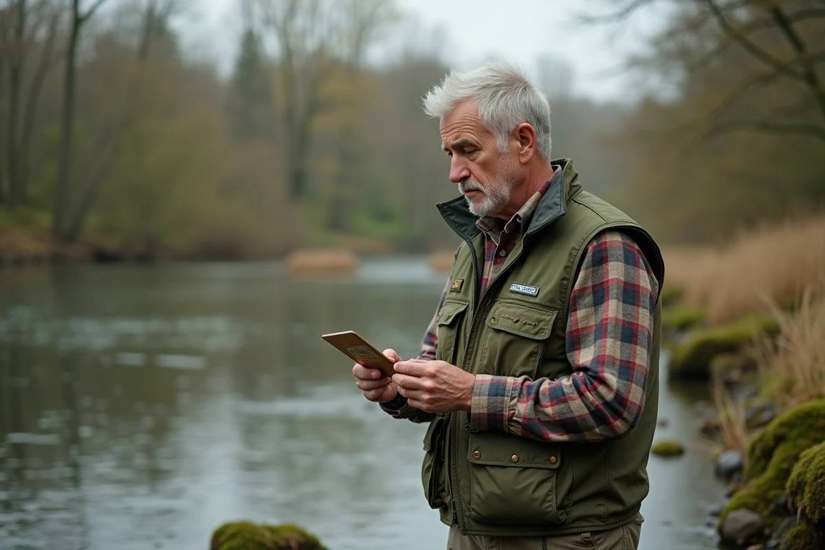 Pêcheur examinant sa carte de pêche 2026 au bord d'une rivière française au printemps