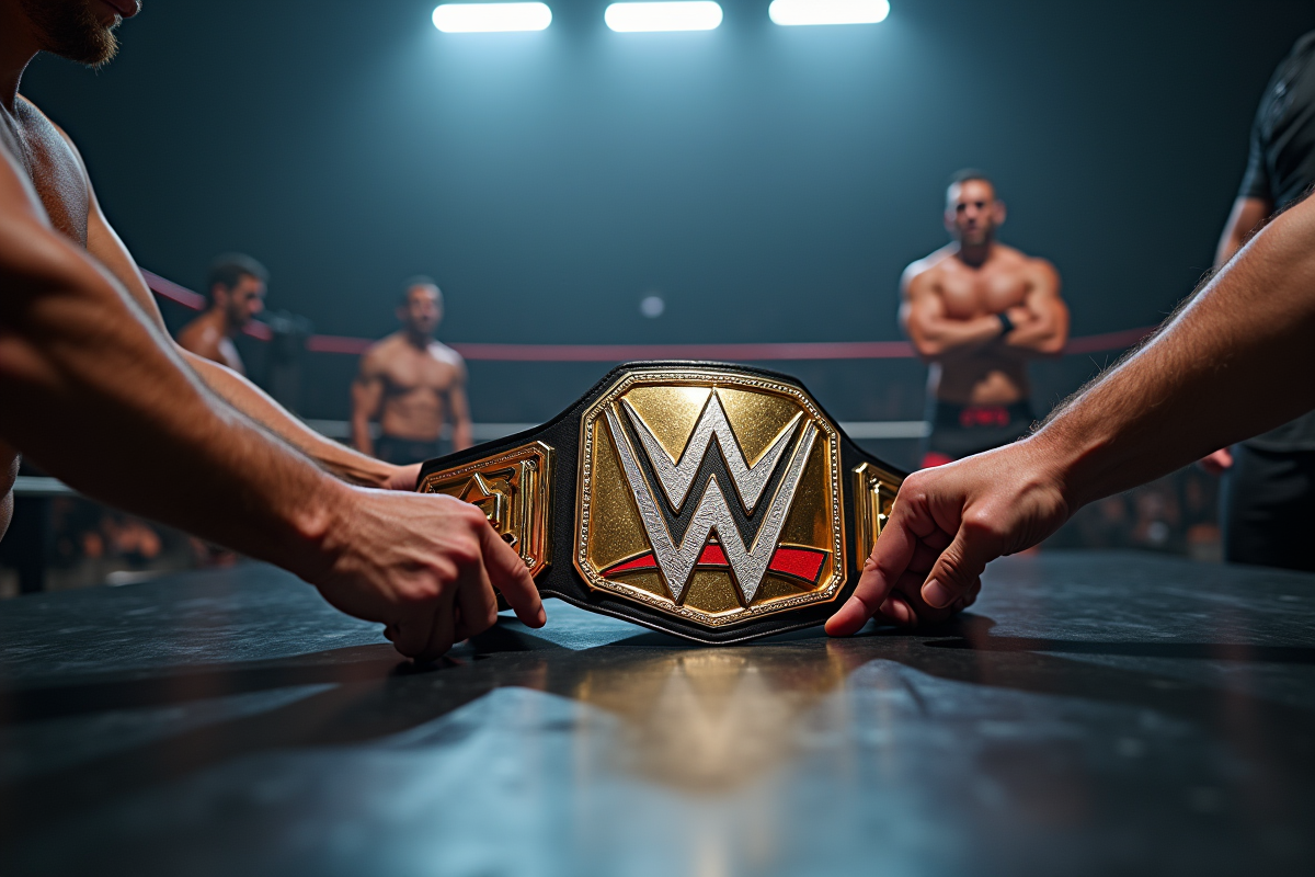Ceinture de championnat sur une table backstage avec mains qui la touchent
