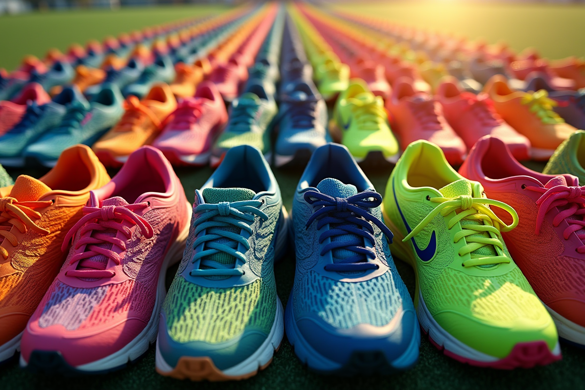 Vue aérienne de chaussures de course colorées alignées