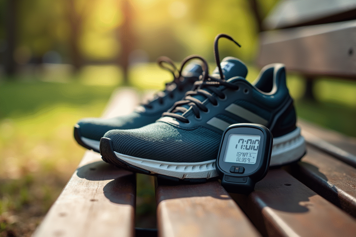 Chaussures de course usées avec un podomètre affichant 17000 pas en plein air