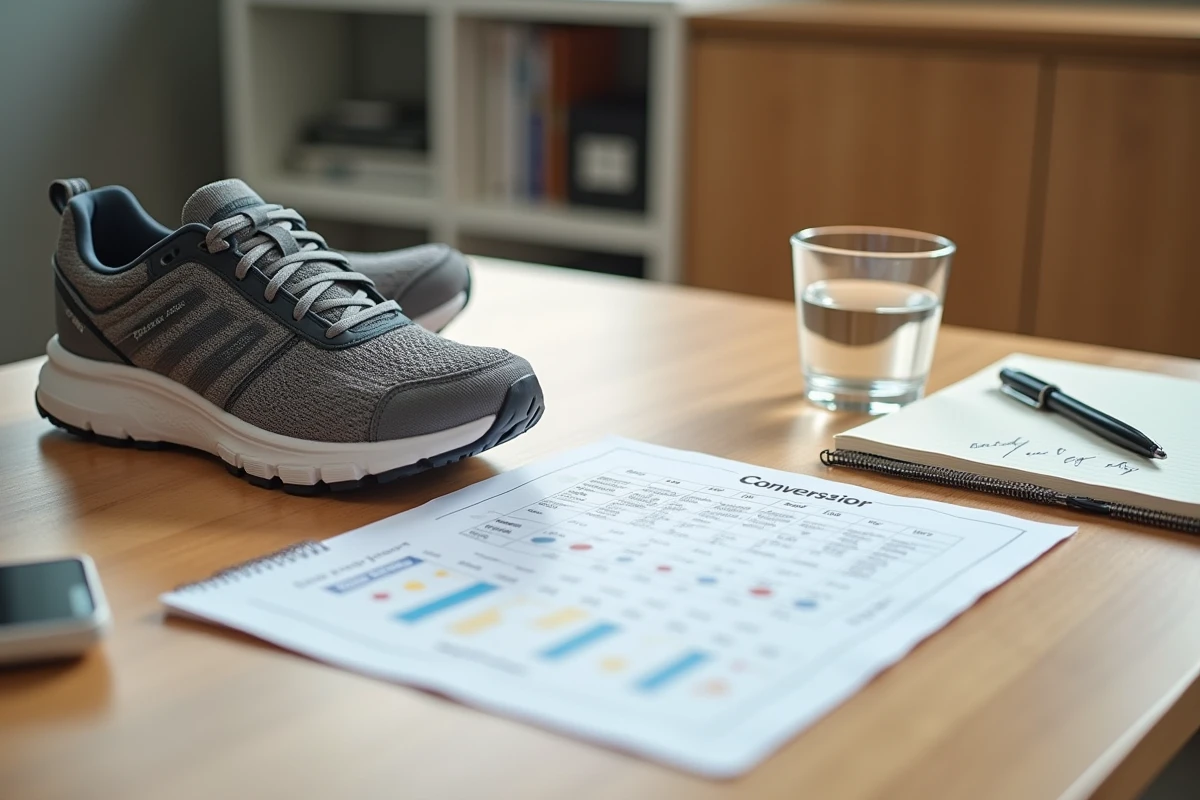 Chaussures de marche posées sur un bureau avec un tableau de conversion pas en kilomètres et des objectifs de santé notés dans un carnet