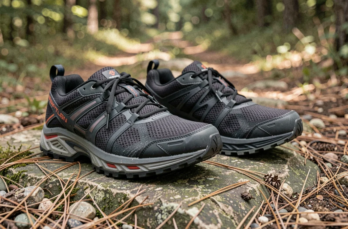 Paire de chaussures de trail posée sur un sentier en forêt montrant la semelle crantée et la tige technique