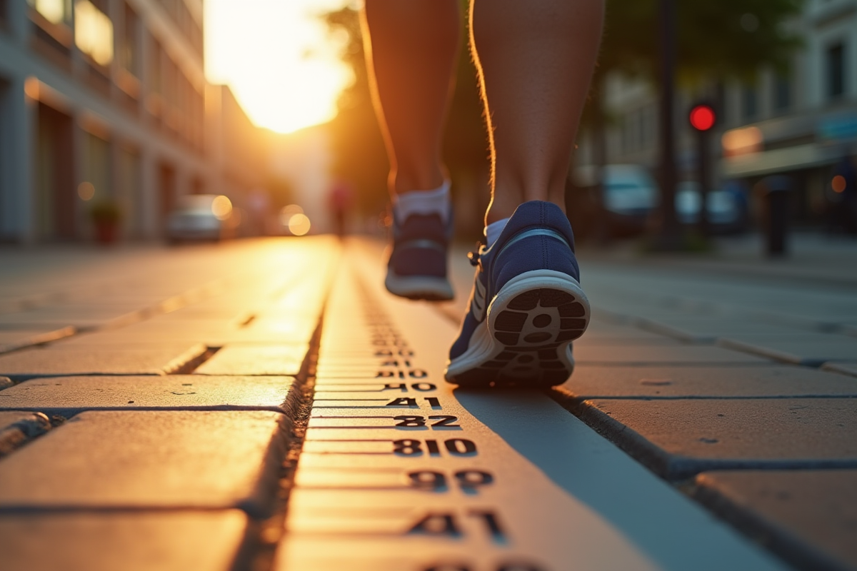 Chaussures de sport sur un trottoir urbain avec panneaux kilométriques au matin