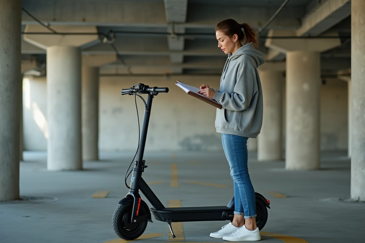 Femme consultant une check-list avant l'achat d'une trottinette Urban Glide 140 dans un parking