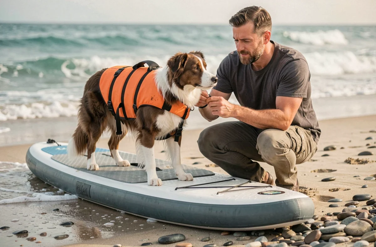 Border collie en gilet de sauvetage sur un SUP gonflable préparé par son propriétaire en bord de mer