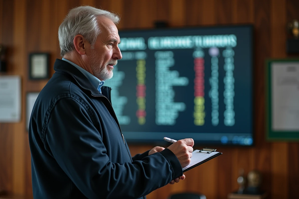 Entraineur analysant le tableau de scores rugby en intérieur