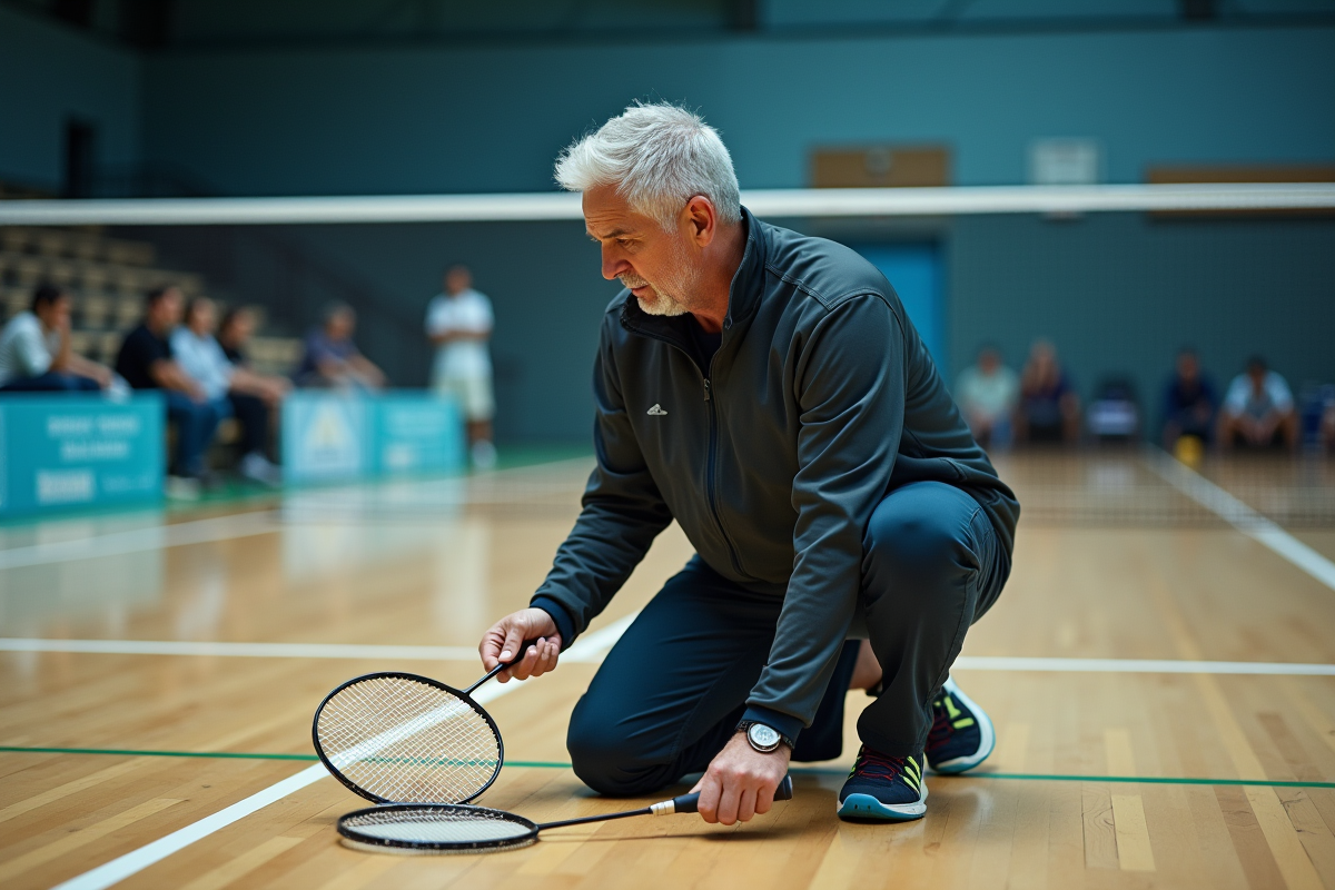 Entraineur homme en intérieur compare deux raquettes de badminton