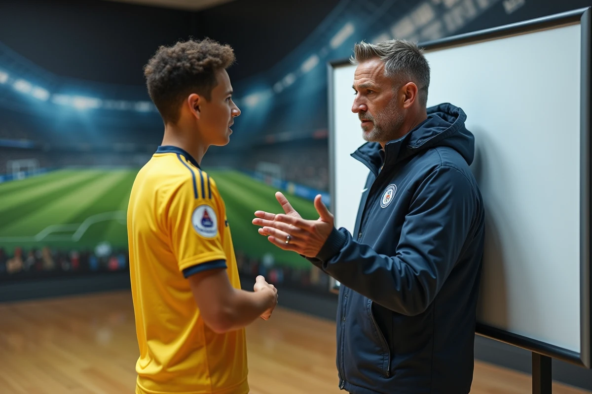 Entraîneur discutant tactique avec un jeune attaquant