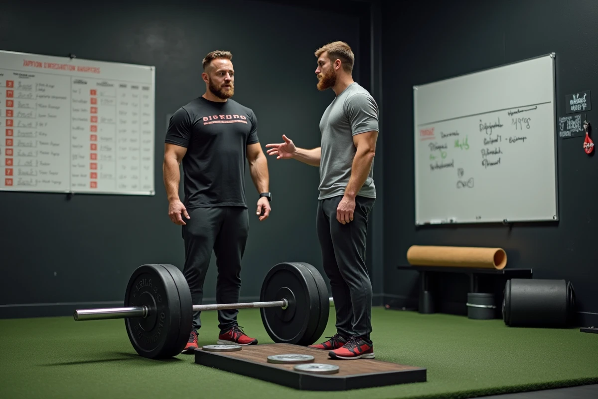 Coach en musculation expliquant la progression de charge avec une barre à un athlète lors d'une séance d'entraînement
