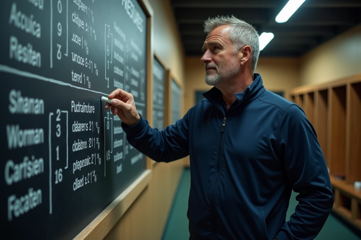 Entraineur de rugby en vestiaire avec tableau de résultats