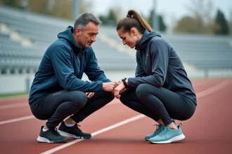 Coach running expliquant le calcul de vitesse en min/km à une coureuse sur une piste d'athlétisme