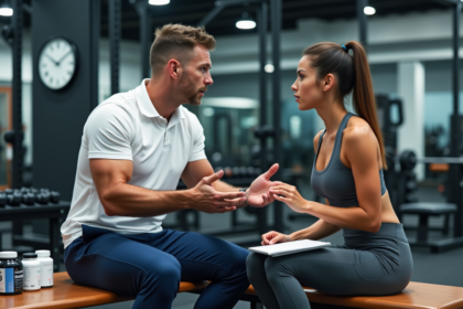 Entraîneur sportif avec une jeune femme dans une salle de gym