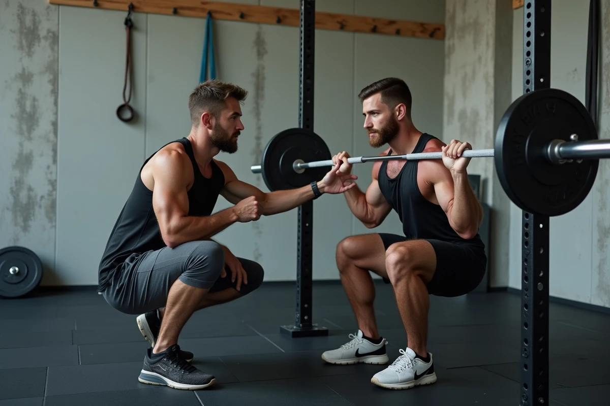 Coach sportif guidant un athlète sur la technique et l'adaptation de la charge au squat dans un studio d'entraînement privé