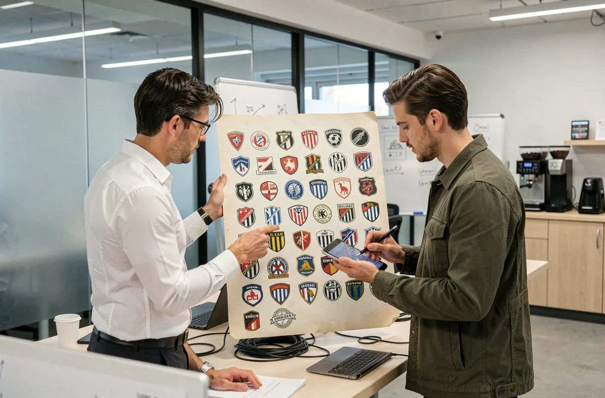 Deux graphistes collaborant sur une présentation de logos de clubs de football dans un espace de coworking