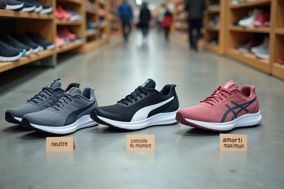 Comparaison de trois paires de chaussures de running pour différents types de pronation : neutre, contrôle du mouvement et amorti maximal, posées sur sol béton