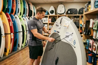 Un homme compare le prix de deux standup paddle boards dans un magasin de sports nautiques