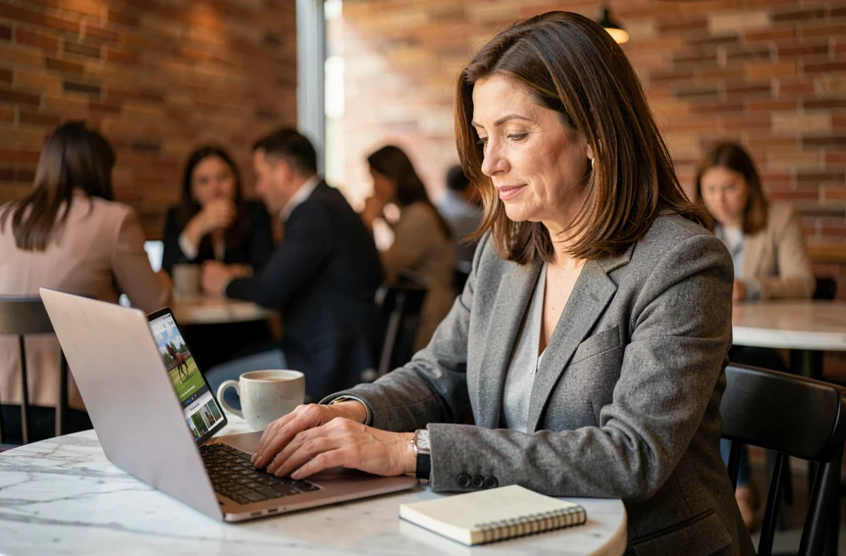 Femme consultant la plateforme de pronostics trot Infonet 5 sur son ordinateur portable dans un café