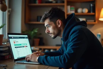 Jeune homme algérien consultant le site Competition.dz sur son ordinateur portable pour suivre les résultats sportifs